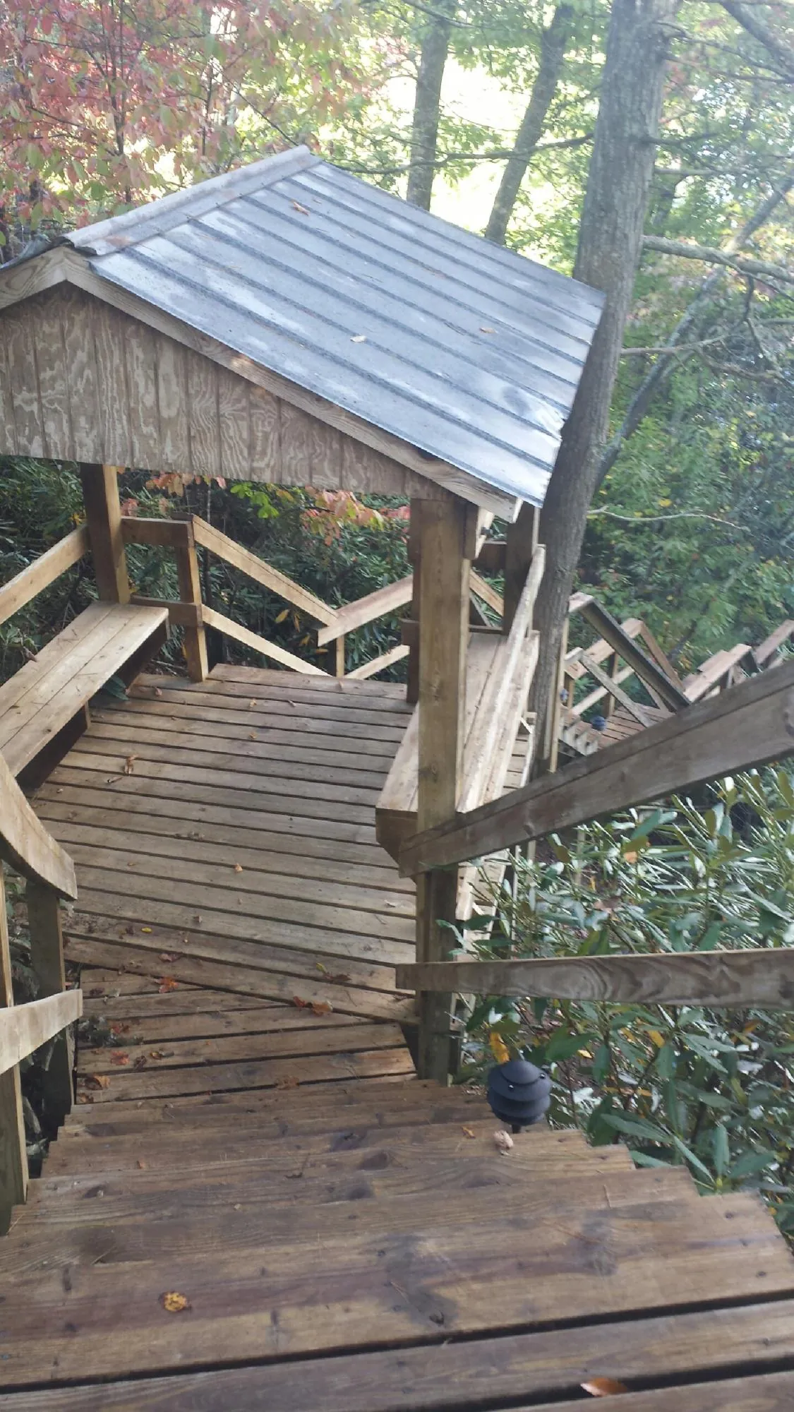 Metal roofed shelter over wooden steps on a wooded walkway — Skylight Repair & Installation work by our crew in Longford
